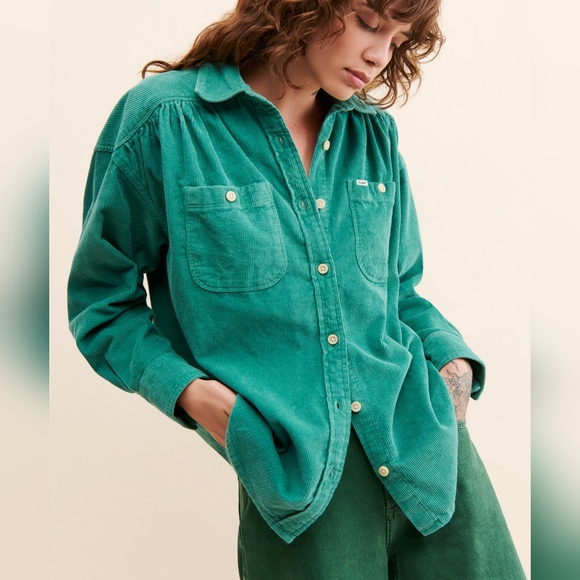NWT Lee Monaco Green Corduroy Frontier Femme Shirred Button Up Shirt M - Picture 1 of 7